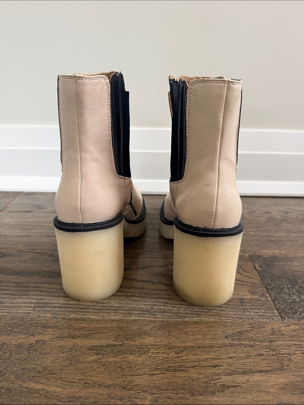 Women's Cream Leather Chelsea Heeled Boots with Black Elastic Panels - Picture 6 of 7